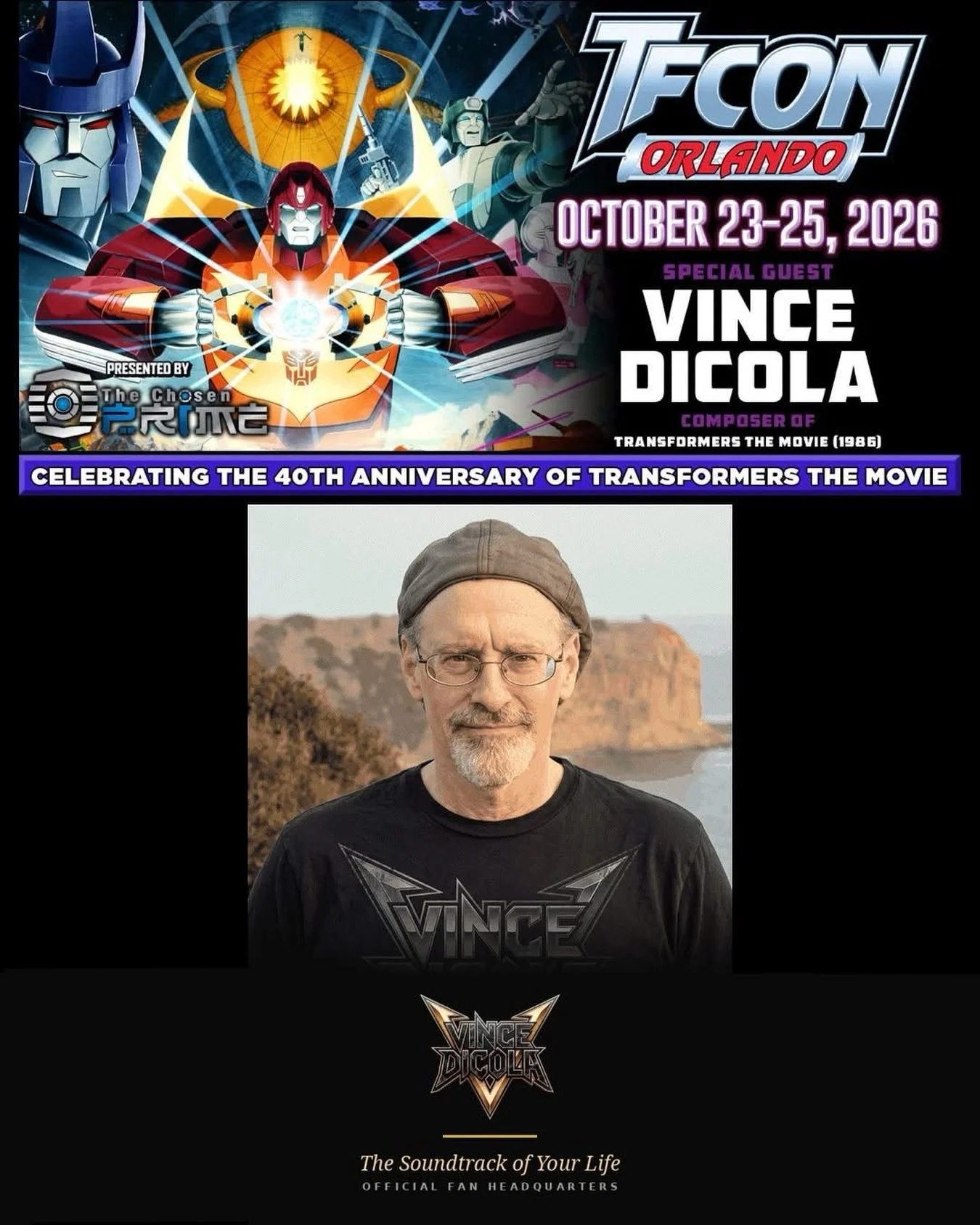 🤖 IT&rsquo;S OFFICIAL &mdash; SEE YOU AT TFCON ORLANDO 2026!

We&rsquo;re happy to announce that our client, Vince DiCola will be a special guest at America&rsquo;s largest fan-run
Transformers convention, TFcon, which will be celebrating the 40th A