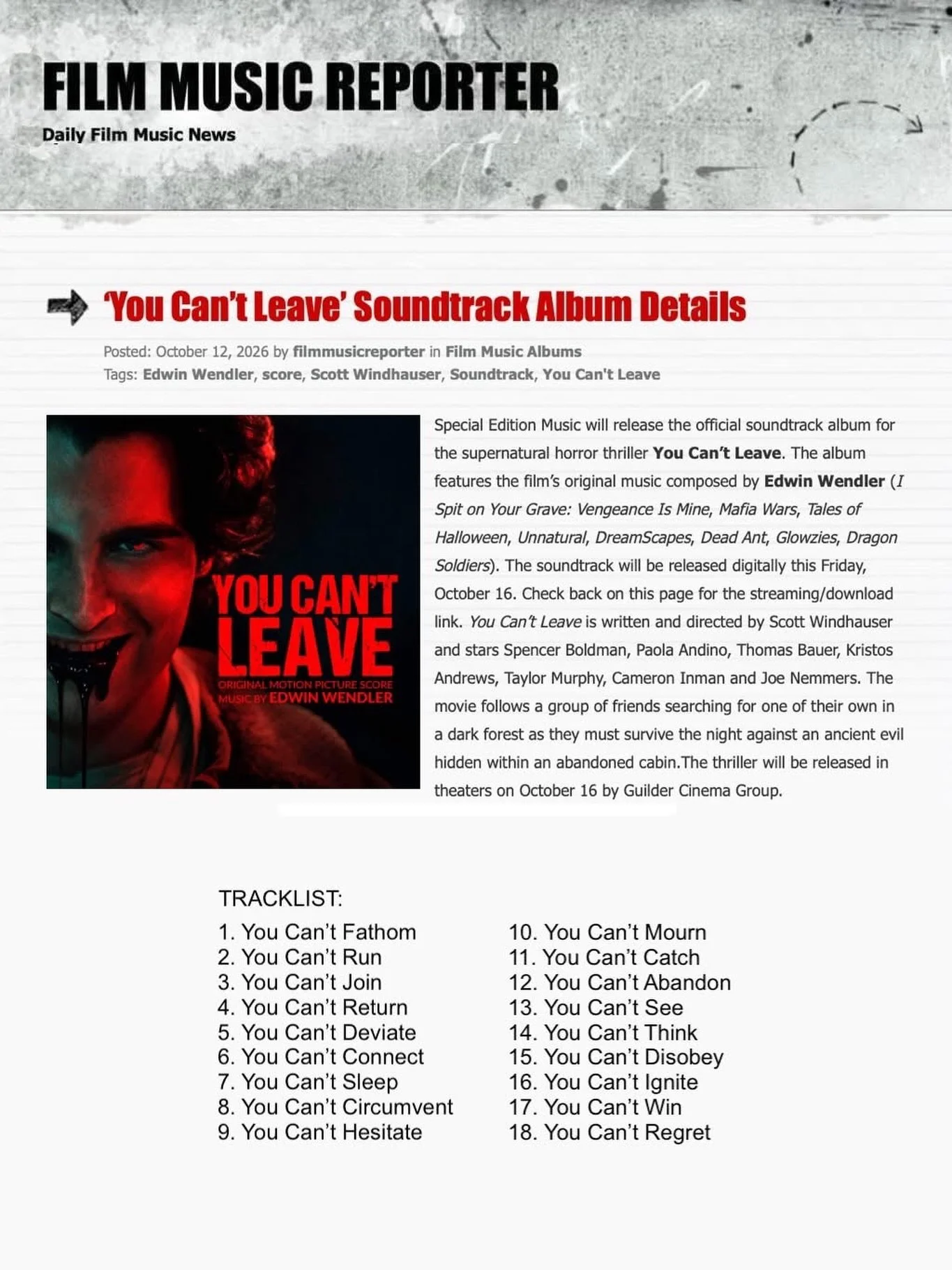 Thank you to our friends at Film Music Reporter for the write-up about the score release from 𝙔𝙊𝙐 𝘾𝘼𝙉&rsquo;𝙏 𝙇𝙀𝘼𝙑𝙀 composed by our client, Edwin Wendler @edwinwendler. The score will be released by @special.edition.music this Friday Octo