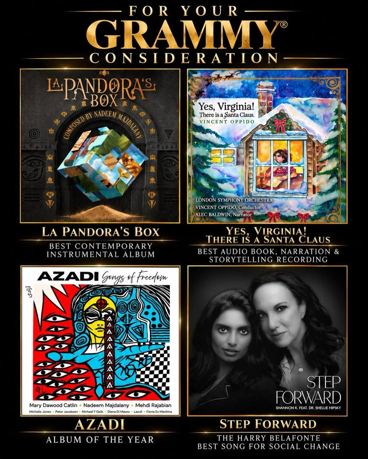 Our award-winning client, Nadeem Majdalany @majdalany, was honored to be a part of these four exceptional albums in a variety of roles. Please consider them.

La Pandora&rsquo;s Box - LINK IN PROFILE
Yes Virginia - LINK IN PROFILE
Azadi - LINK IN PRO