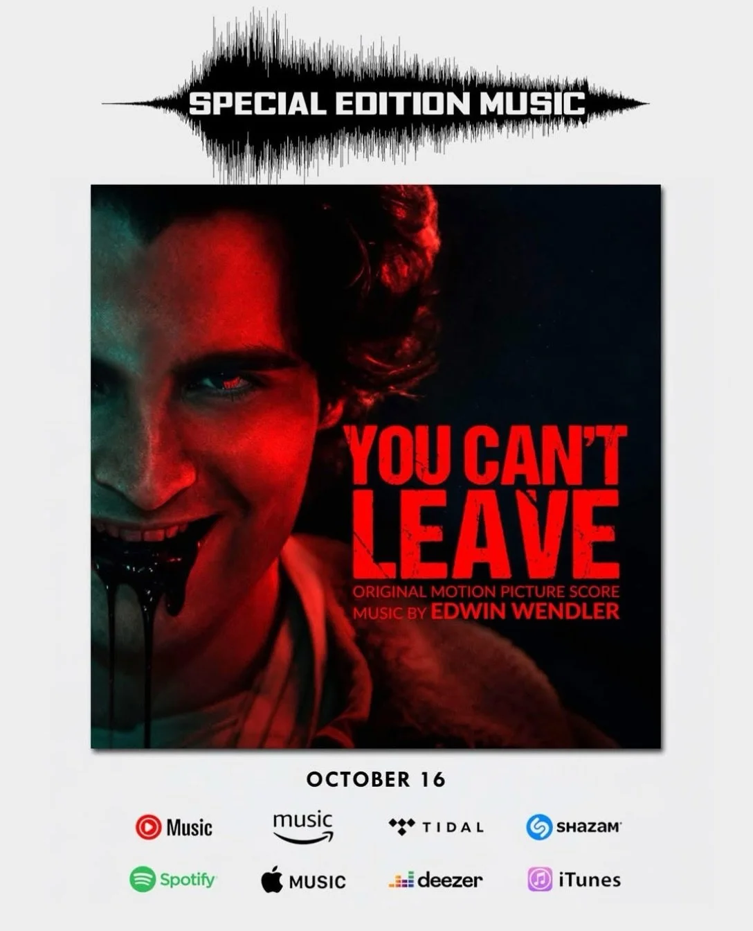 The score from 𝙔𝙊𝙐 𝘾𝘼𝙉&rsquo;𝙏 𝙇𝙀𝘼𝙑𝙀 is now streaming all over the world! Composed by Edwin Wendler, the score from 𝙔𝙊𝙐 𝘾𝘼𝙉&rsquo;𝙏 𝙇𝙀𝘼𝙑𝙀 pays homage to the big-budget horror/action films of the 90s. Edwin created a 3-note mot