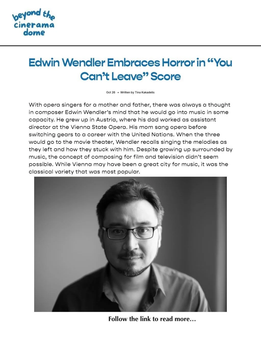 A new interview up with our client, Edwin Wendler @edwinwendler! He talks with Beyond the Cinerama Dome&rsquo;s Tina Kakadelis about working on the new action/horror film 𝙔𝙊𝙐 𝘾𝘼𝙉&rsquo;𝙏 𝙇𝙀𝘼𝙑𝙀, which is in theaters now! Stream Edwin&rsquo