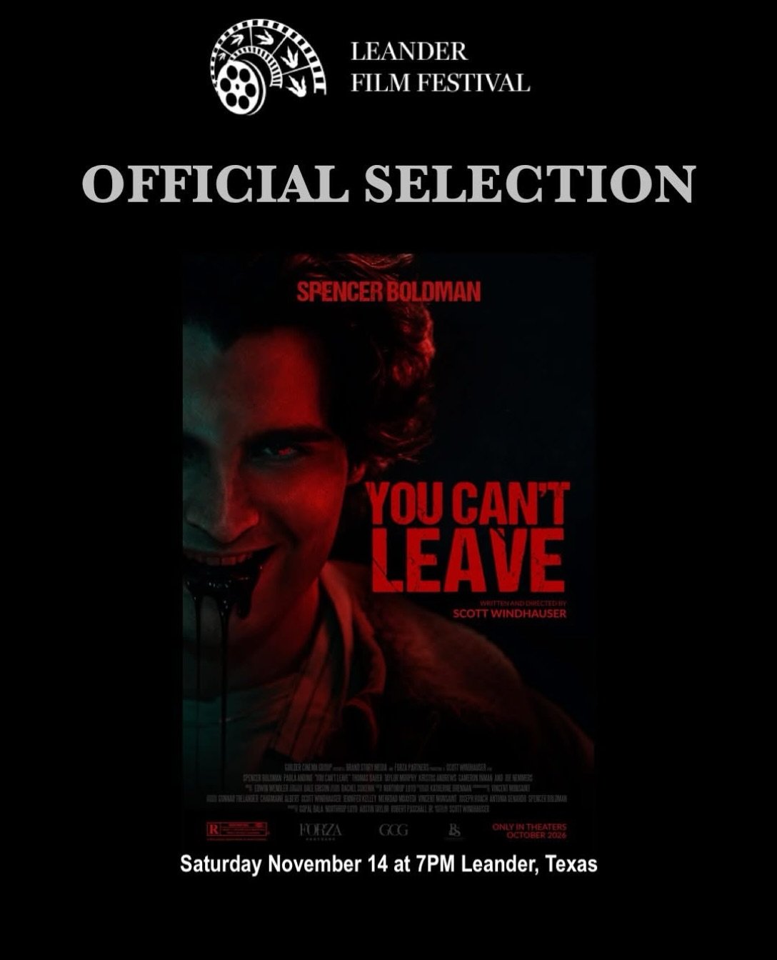 Congrats to the cast &amp; crew of 𝙔𝙊𝙐 𝘾𝘼𝙉&rsquo;𝙏 𝙇𝙀𝘼𝙑𝙀 as they just got in to the Leander Film Festival! See you Saturday November 14th in Texas! Stream the 𝙔𝙊𝙐 𝘾𝘼𝙉&rsquo;𝙏 𝙇𝙀𝘼𝙑𝙀 score by our client, Edwin Wendler @edwinwend