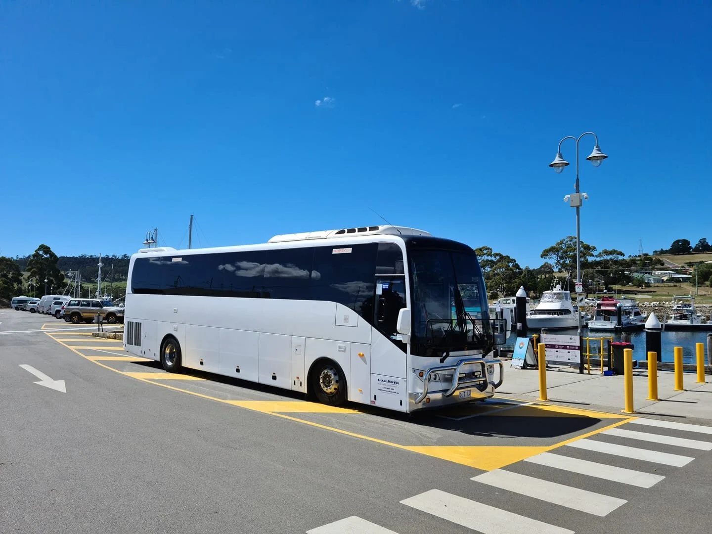 White tour bus parked near a waterfront with boats and parked cars in the background.