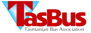 Logo of TasBus, Tasmanian Bus Association, featuring stylized red text on a blue triangle background.