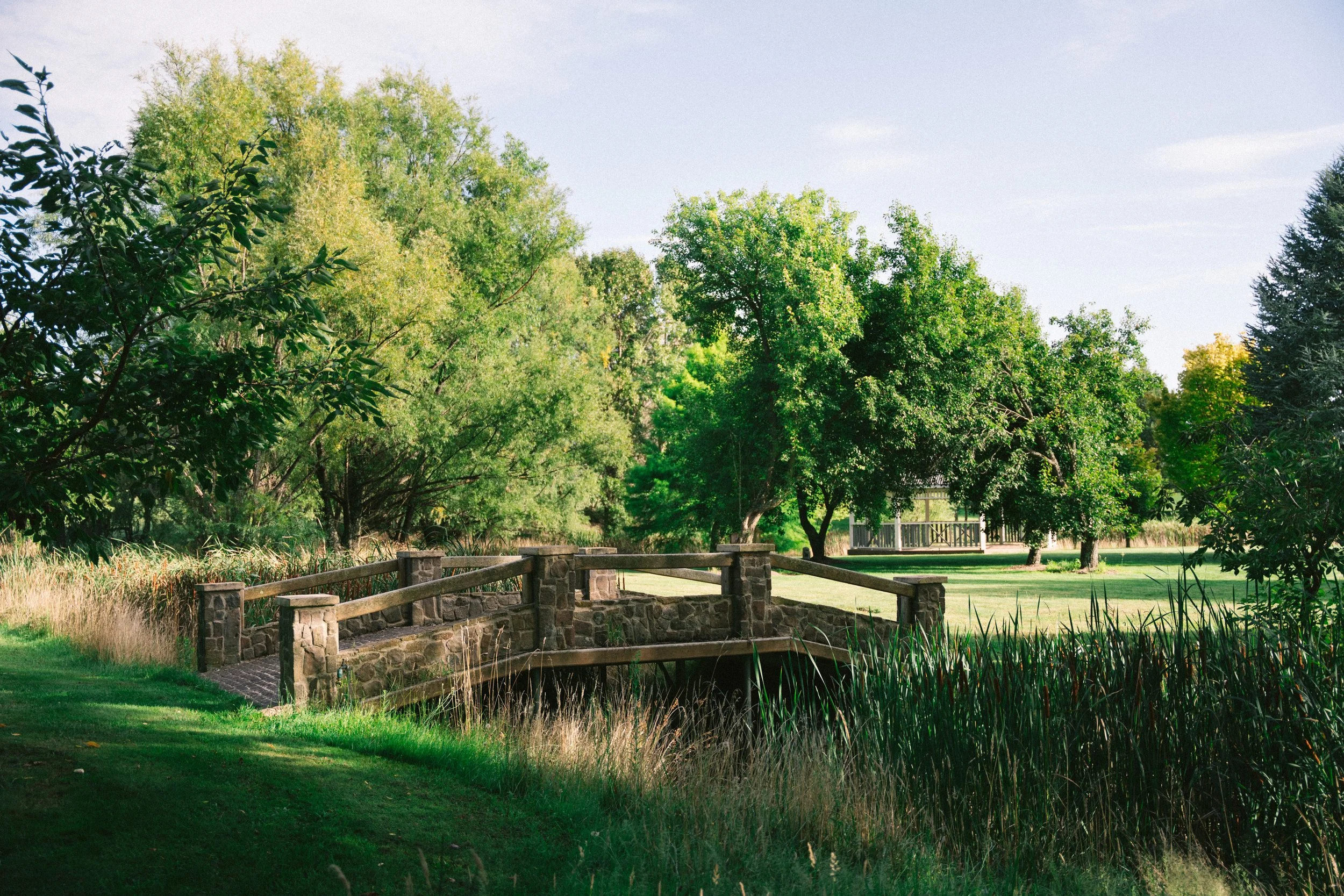 Countryside bridge and gardens at a luxury farm stay in NSW — Waldara Estate, Edith NSW, near Sydney and the Blue Mountains