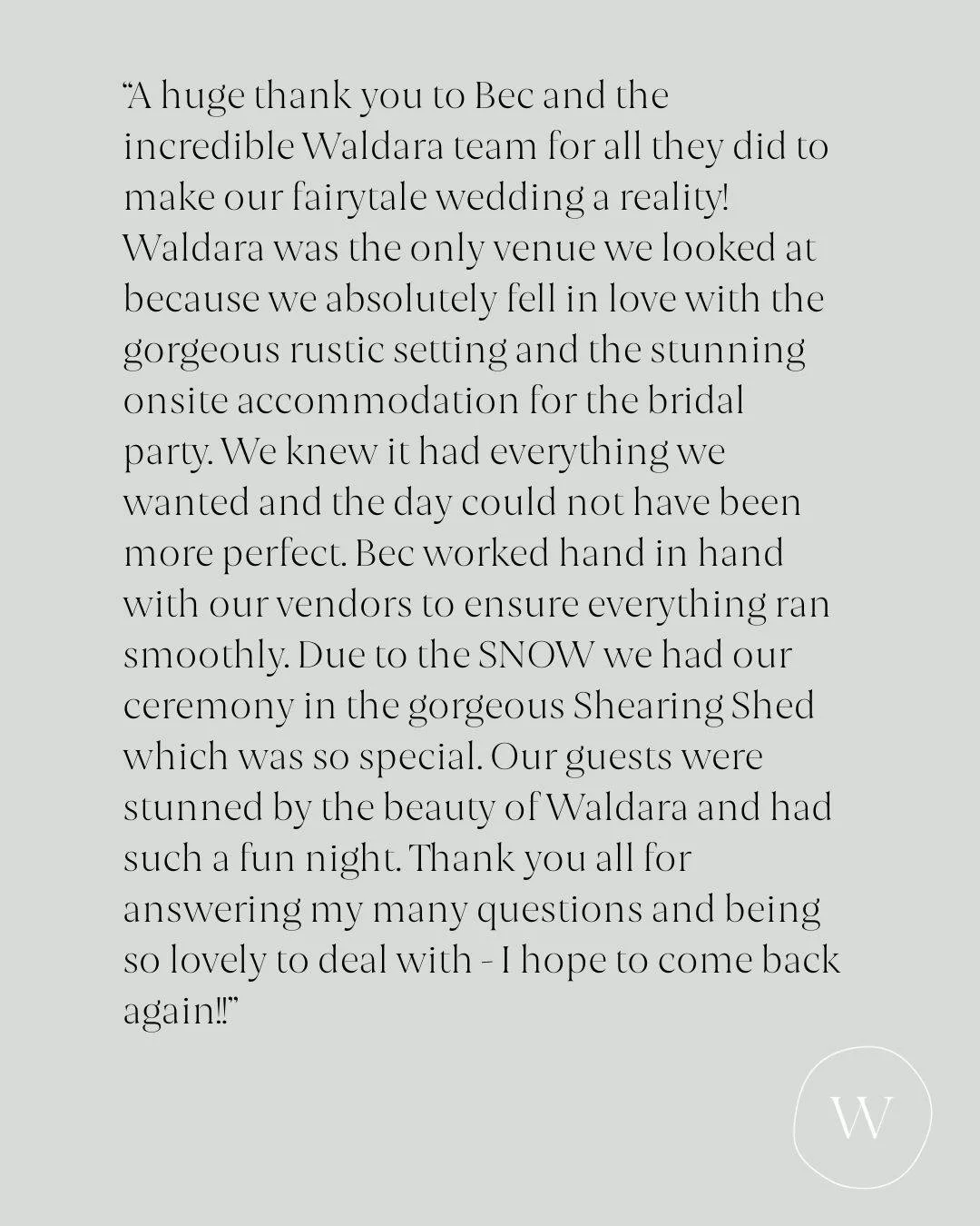 Thank you Casey + Liam for your kind words. We loved having you at Waldara for our last winter wedding of 2025 🤍 A little morning snow did not stop these wonderful people from celebrating and soaking up the love and joy of their wedding day! 

Photo