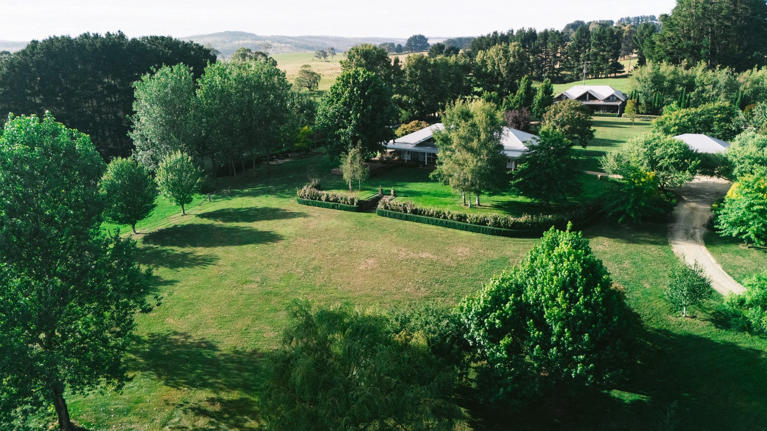 Aerial view of the estate and rolling countryside at a luxury farm stay in NSW — Waldara Estate, Edith NSW, near Sydney and the Blue Mountains