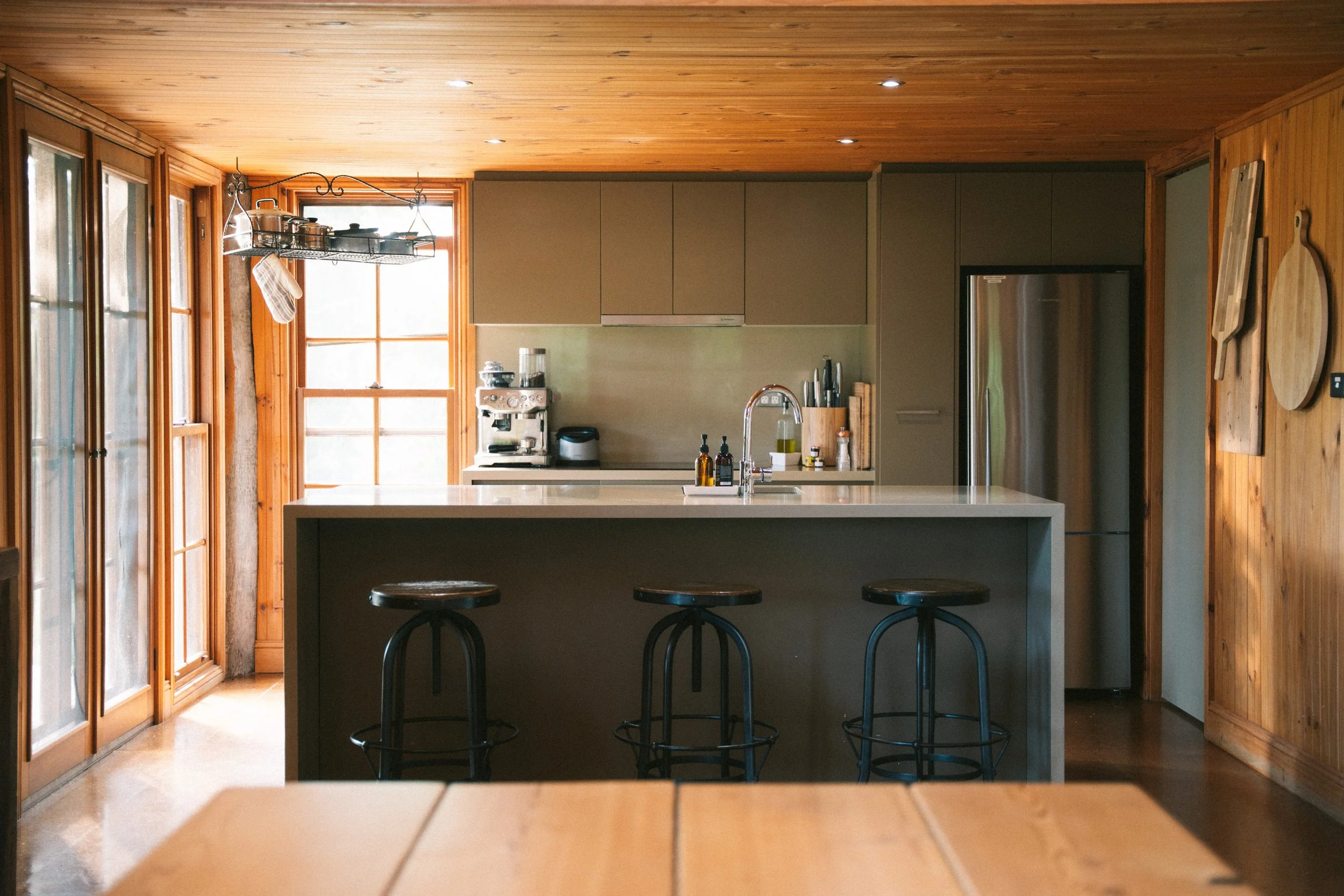 The Lodge kitchen with island bench at a luxury farm stay in NSW — Waldara Estate, Edith NSW, near Sydney and the Blue Mountains