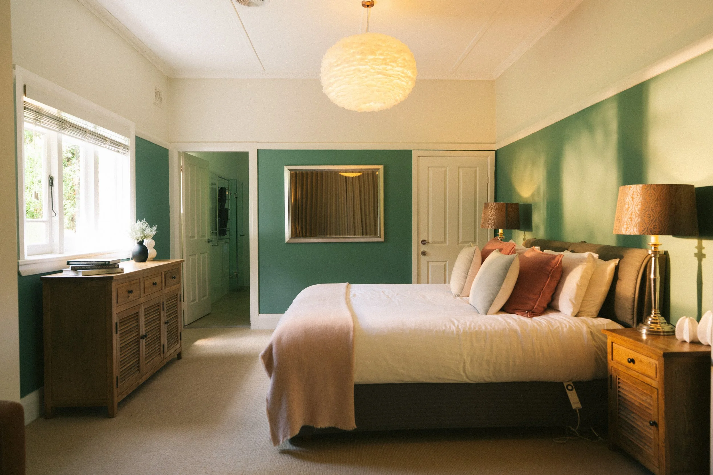 Master bedroom at a luxury farm stay in NSW — Waldara Estate, Edith NSW, near Sydney and the Blue Mountains
