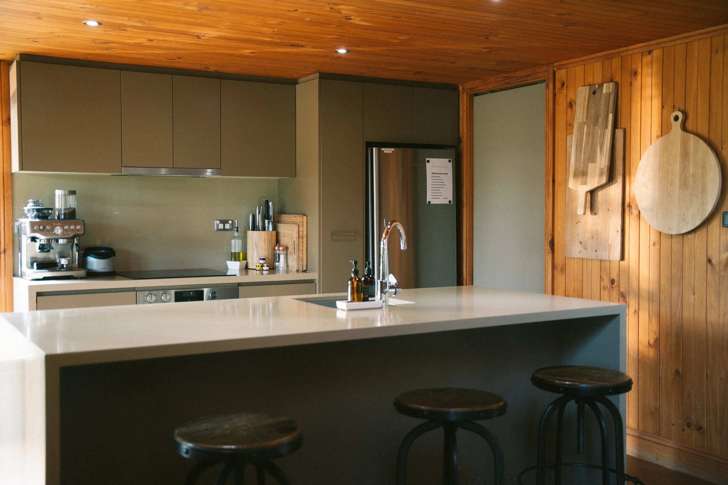 Timber kitchen at a luxury farm stay in NSW — Waldara Estate, Edith NSW, near Sydney and the Blue Mountains
