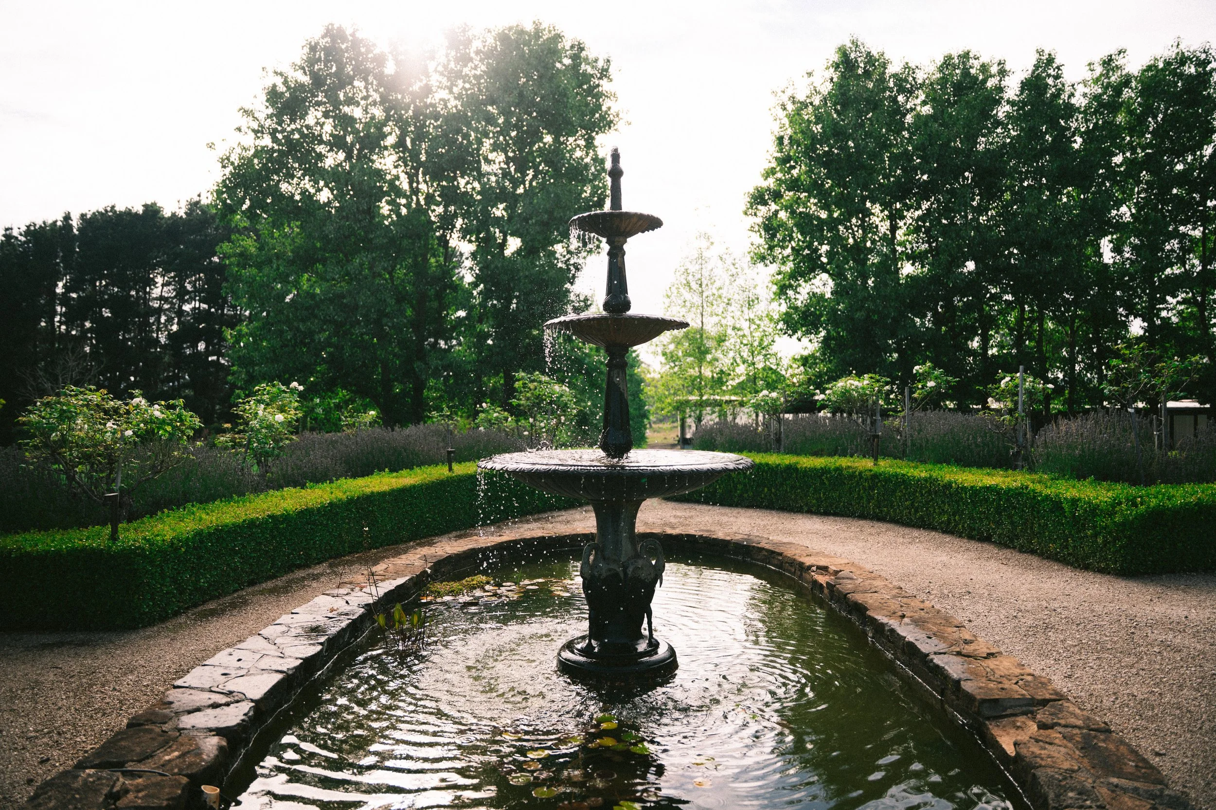 Garden fountain at a luxury farm stay in NSW — Waldara Estate, Edith NSW, near Sydney and the Blue Mountains
