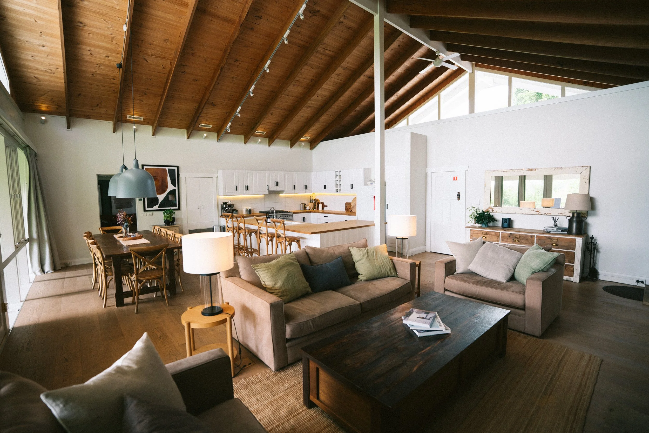 The Lodge open plan living and dining at a luxury farm stay in NSW — Waldara Estate, Edith NSW, near Sydney and the Blue Mountains