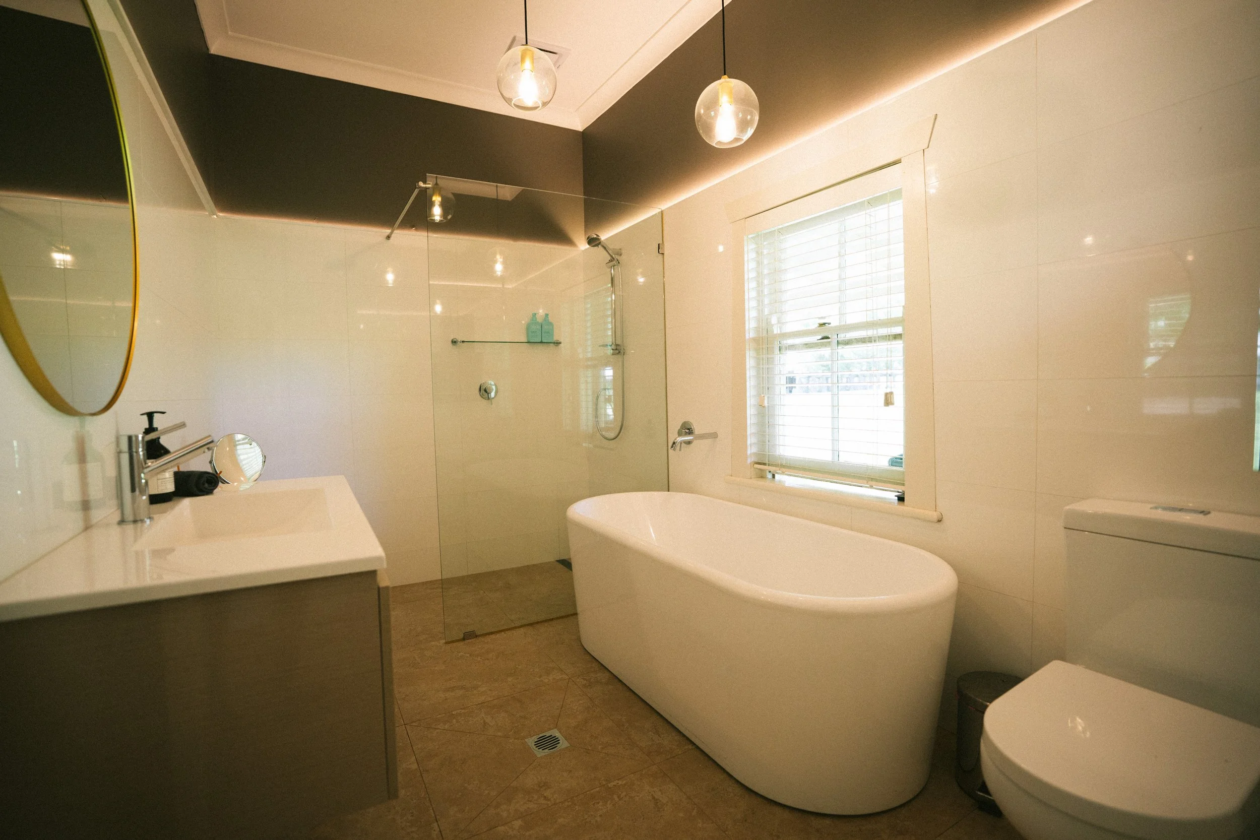 Luxury ensuite bathroom at a luxury farm stay in NSW — Waldara Estate, Edith NSW, near Sydney and the Blue Mountains