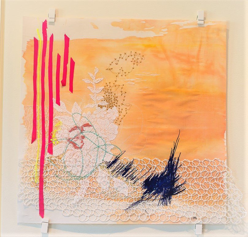Little Flower of Hope (2015) by Mia Eckes. Silk, lace, ink, thread.