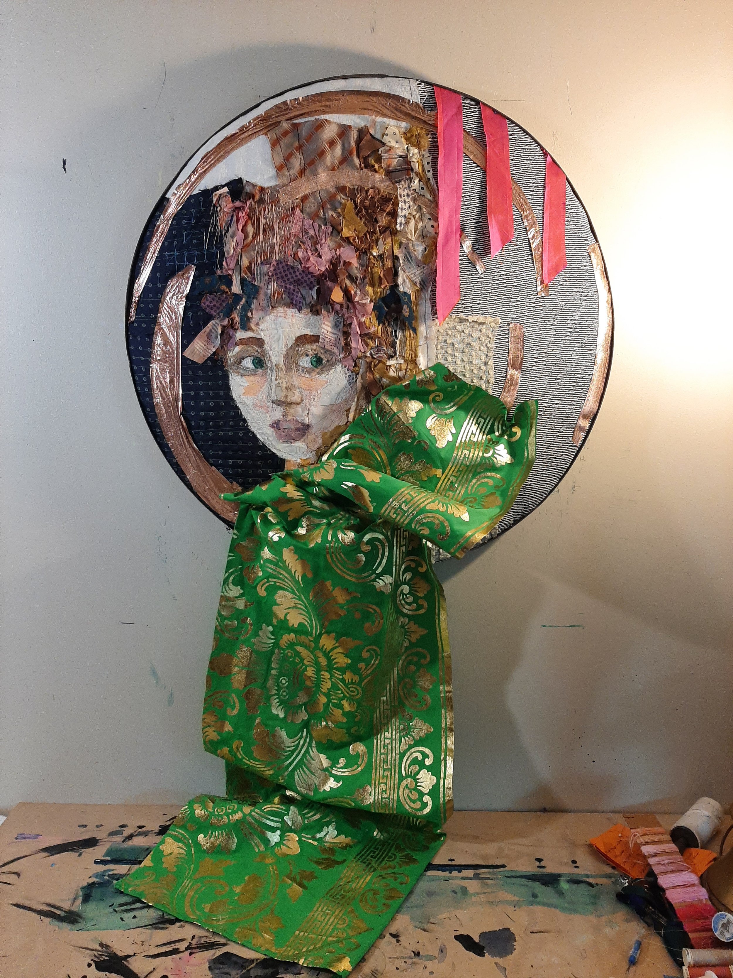 Hilde (2023) by Mia Eckes. Various fiber, acrylic paint, thread.