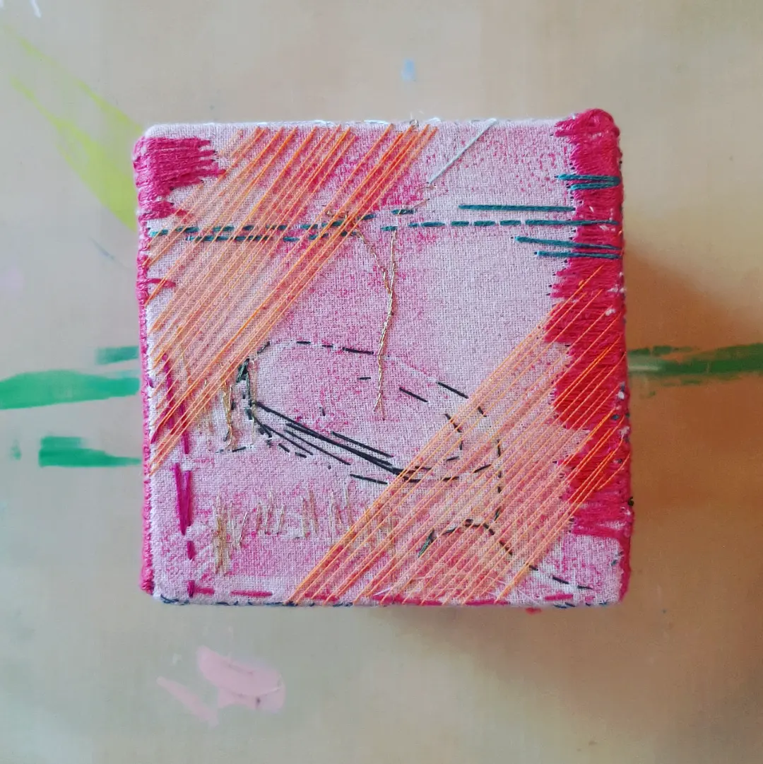 Unutterable Intercession, detail (2020) by Mia Eckes. Thread, wood, ink.