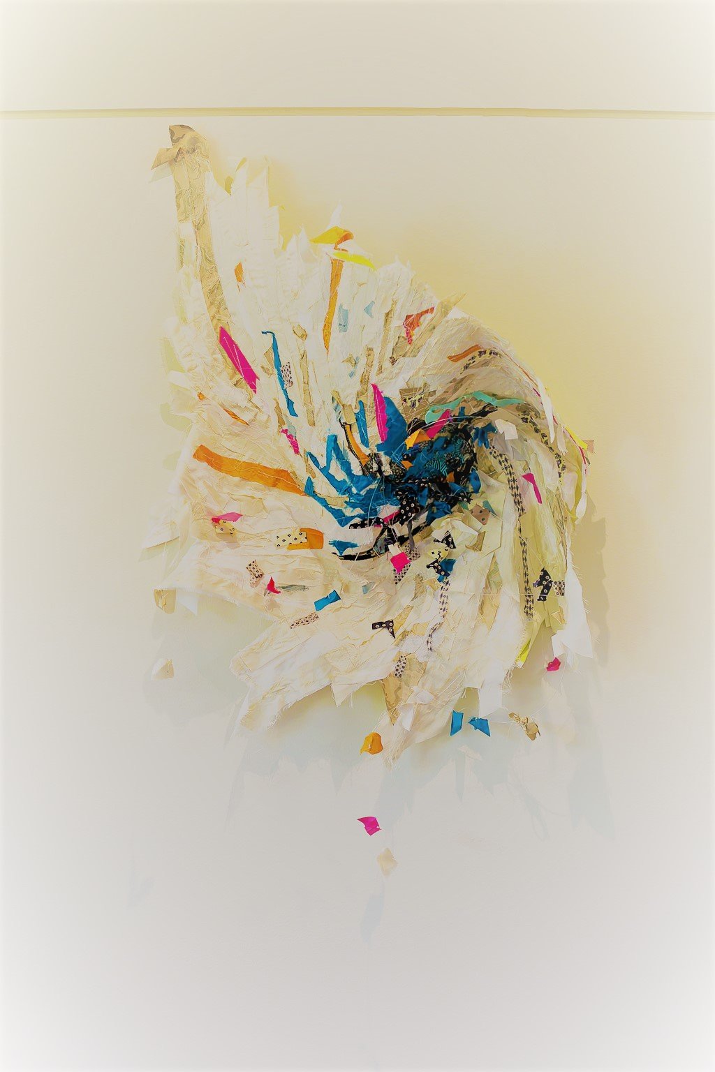 Caught Up (2017) by Mia Eckes. Stitched silk remnants and acrylic wire.