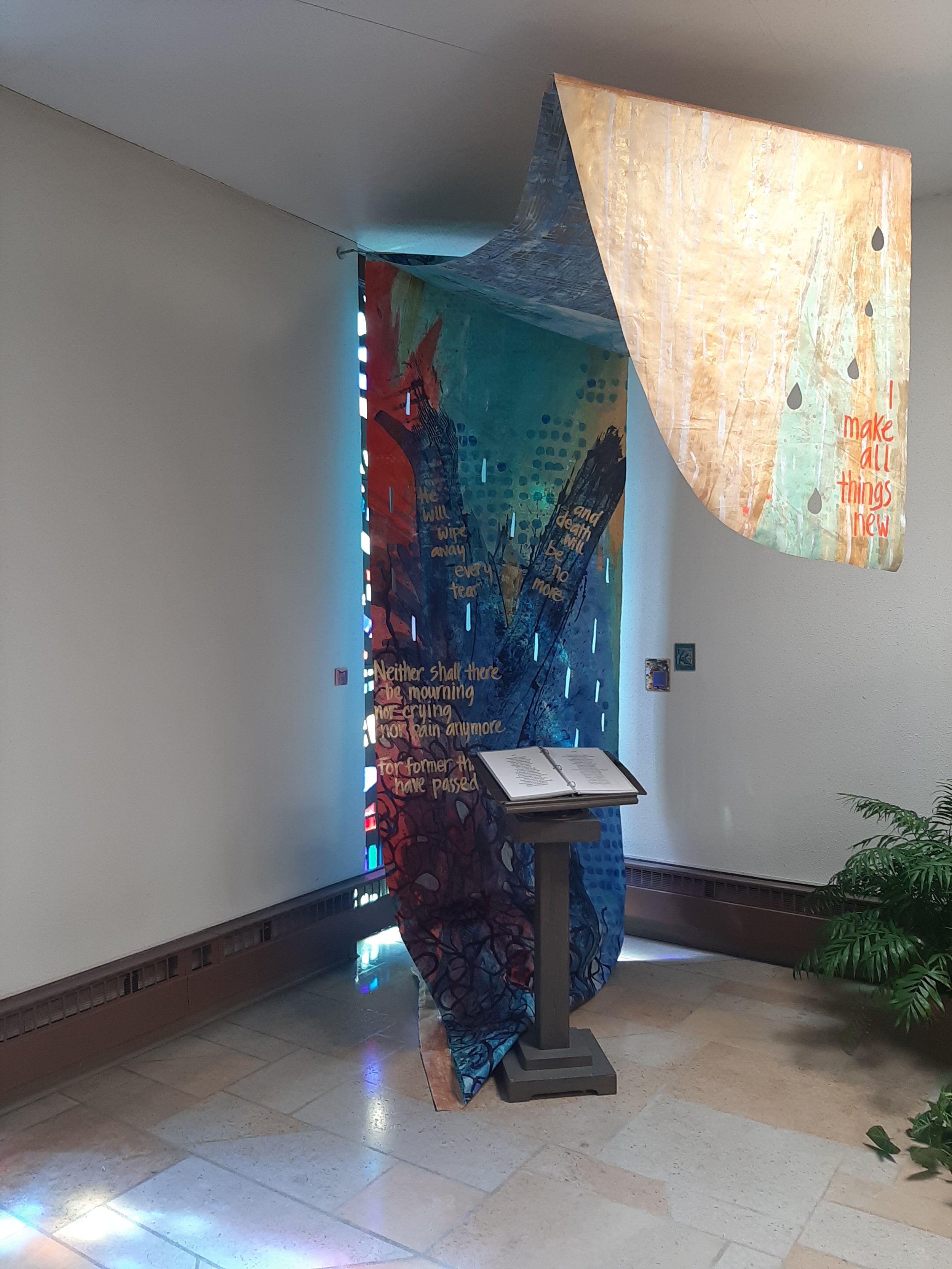 Prayers Like Incense: pt 1 (2023) by Mia Eckes and Lisa Bierer. Tyvec and acrylic paint.