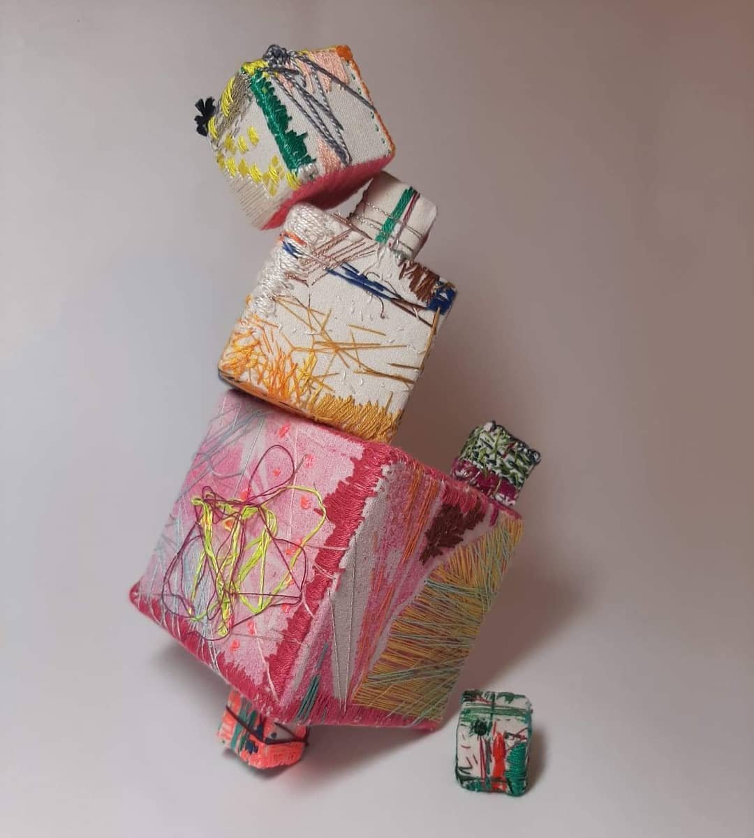 Unutterable Intercessions, (2021) by Mia Eckes. Cloth, wood, free style stitching, ink.