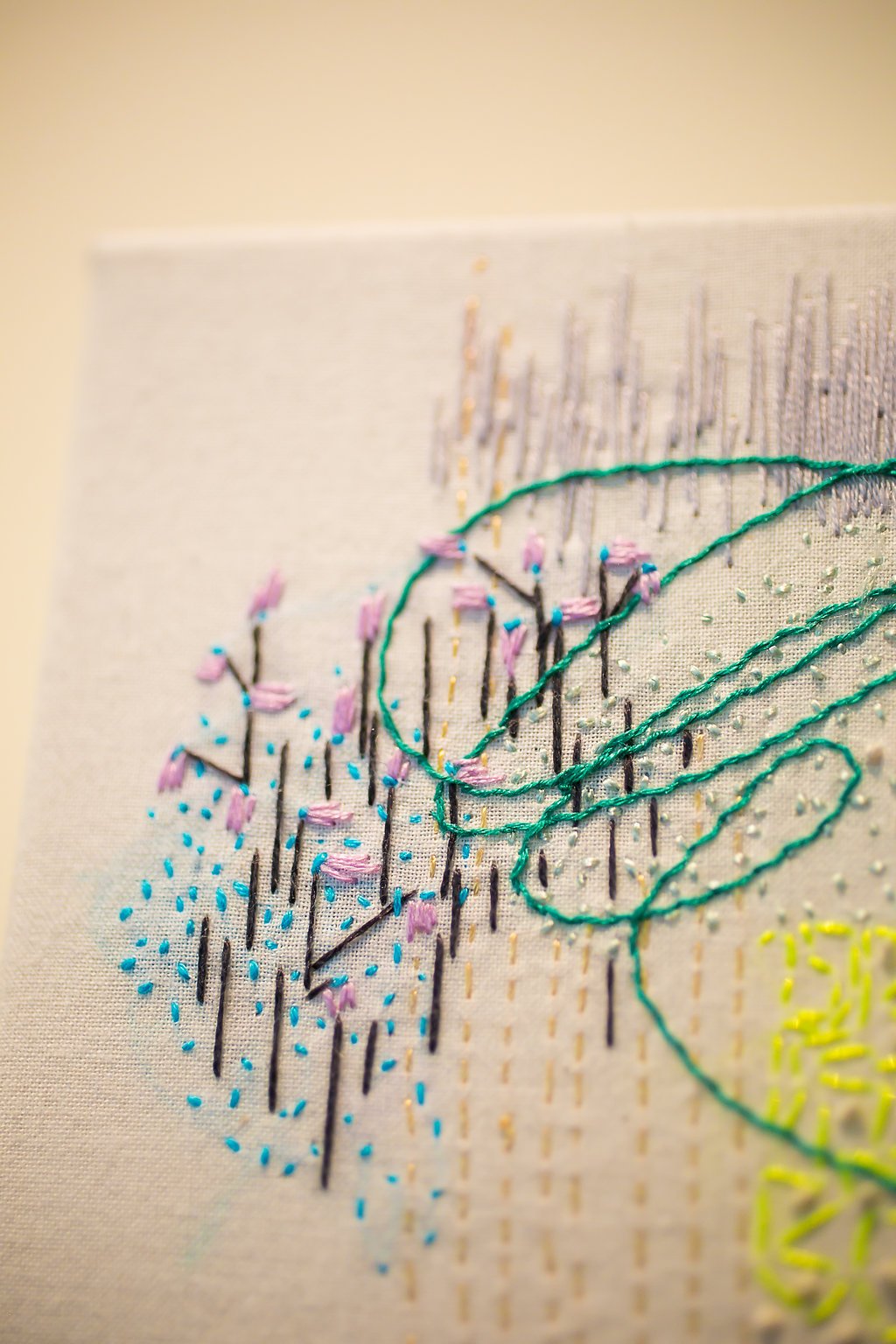 Tending Garden, detail (2015) by Mia Eckes. Free style hand stitching on cotton muslin.