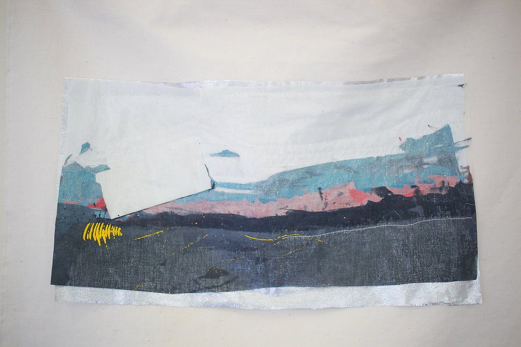 Silver Linings (2016) by Mia Eckes. Paint, various textiles, thread, mylar.