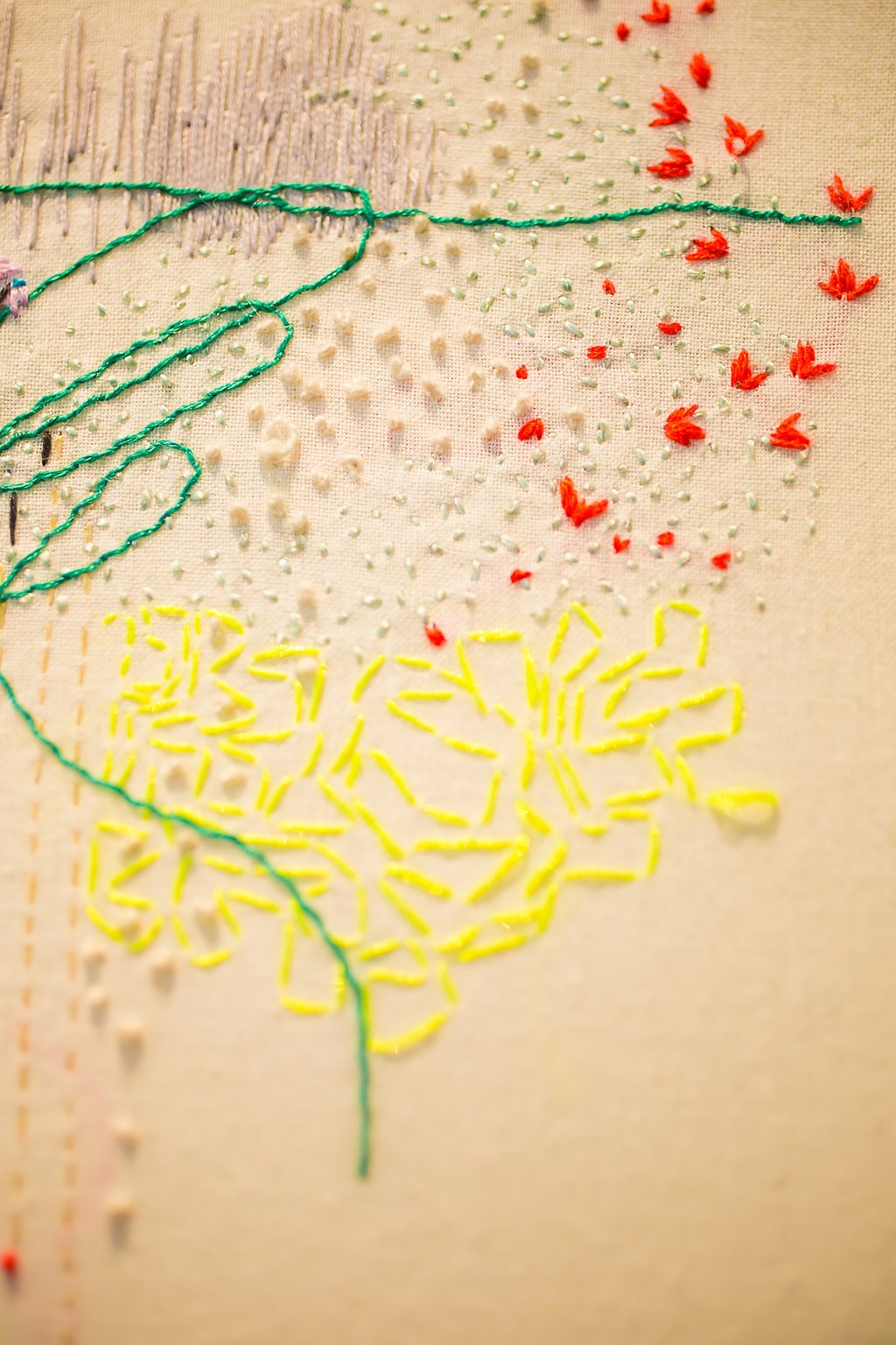 Tending Garden, detail (2015) by Mia Eckes. Free style hand stitching on cotton muslin.