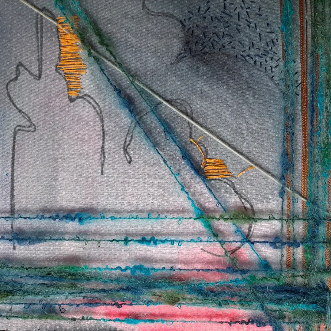 Expansion (2022) by Mia Eckes. Free style hand stitching on paint washed cotton.