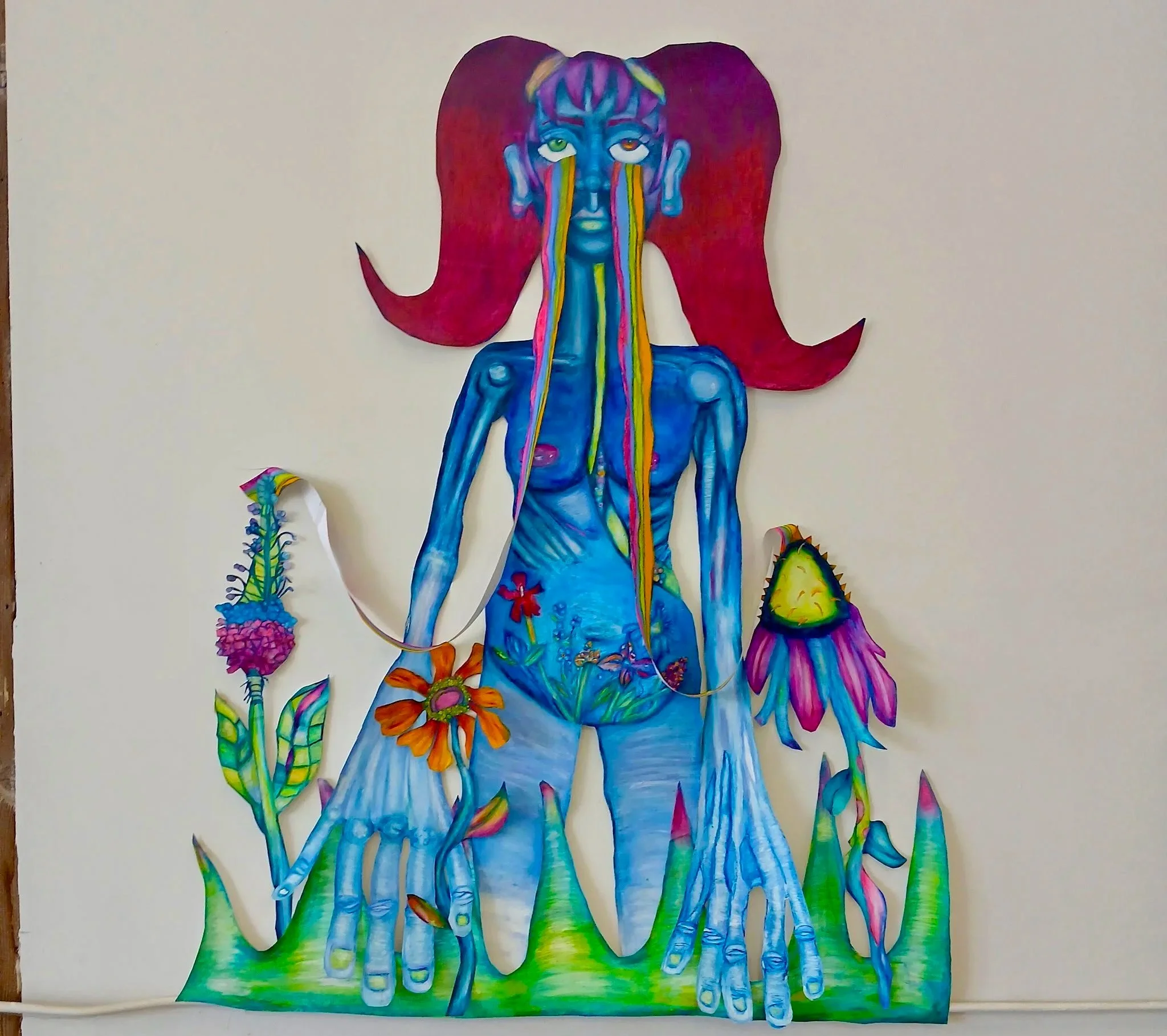 big nude blue figure drawing of female with wild flowers