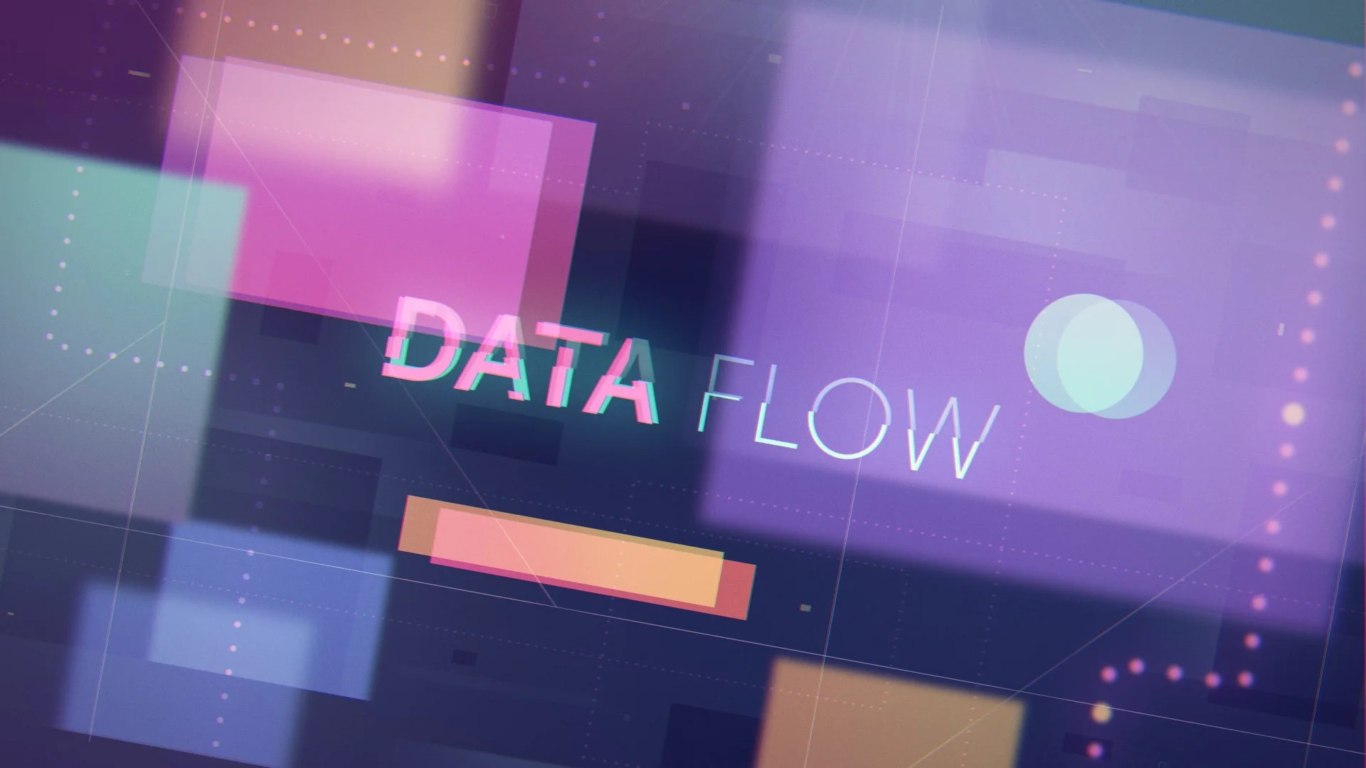Abstract digital illustration featuring the words "Data Flow" in pink and white text, with overlapping geometric shapes and lines in a purple and blue color scheme.