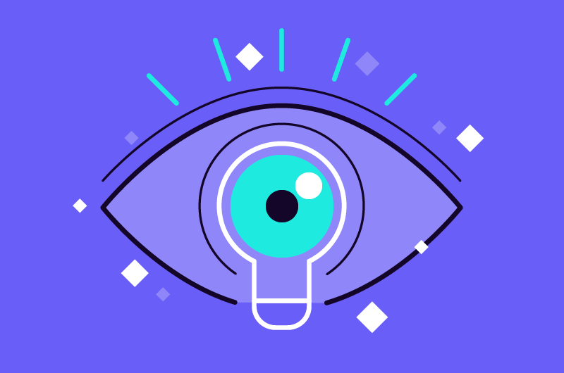 A stylized illustration of an eye with a camera lens in the center, surrounded by colorful lines and sparkles on a purple background.