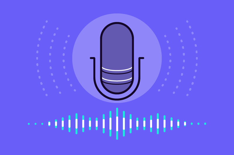 Stylized illustration of a microphone with sound waves and audio visualization on a purple background.