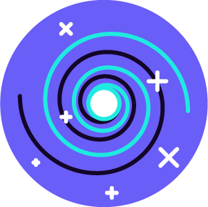 Abstract graphic of swirling concentric circles and stars in shades of blue and white on a purple background.