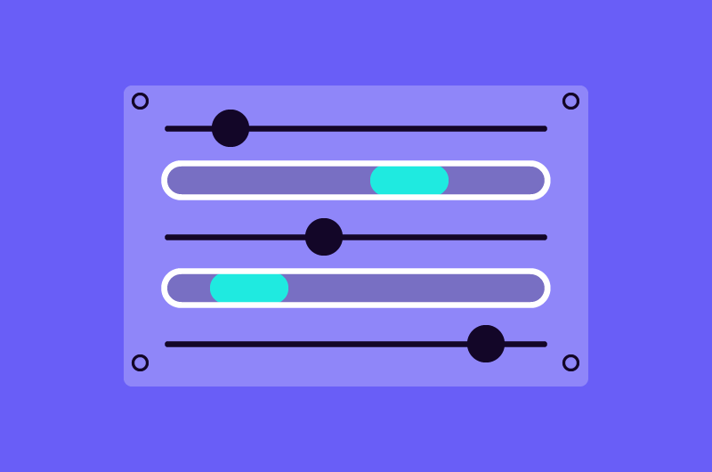 An illustration of four volume sliders, each with black knobs and light blue highlighted sections on a purple background.