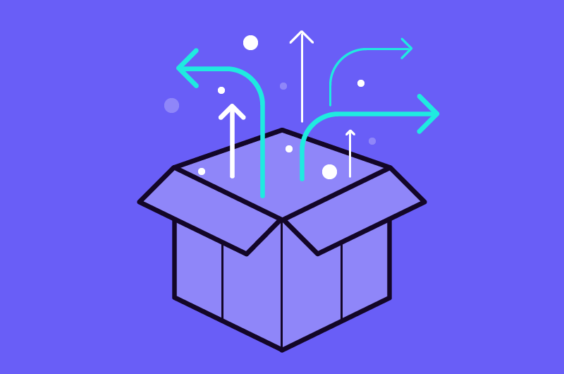 An open cardboard box with colorful arrows and dots emerging from it, symbolizing ideas or creativity.