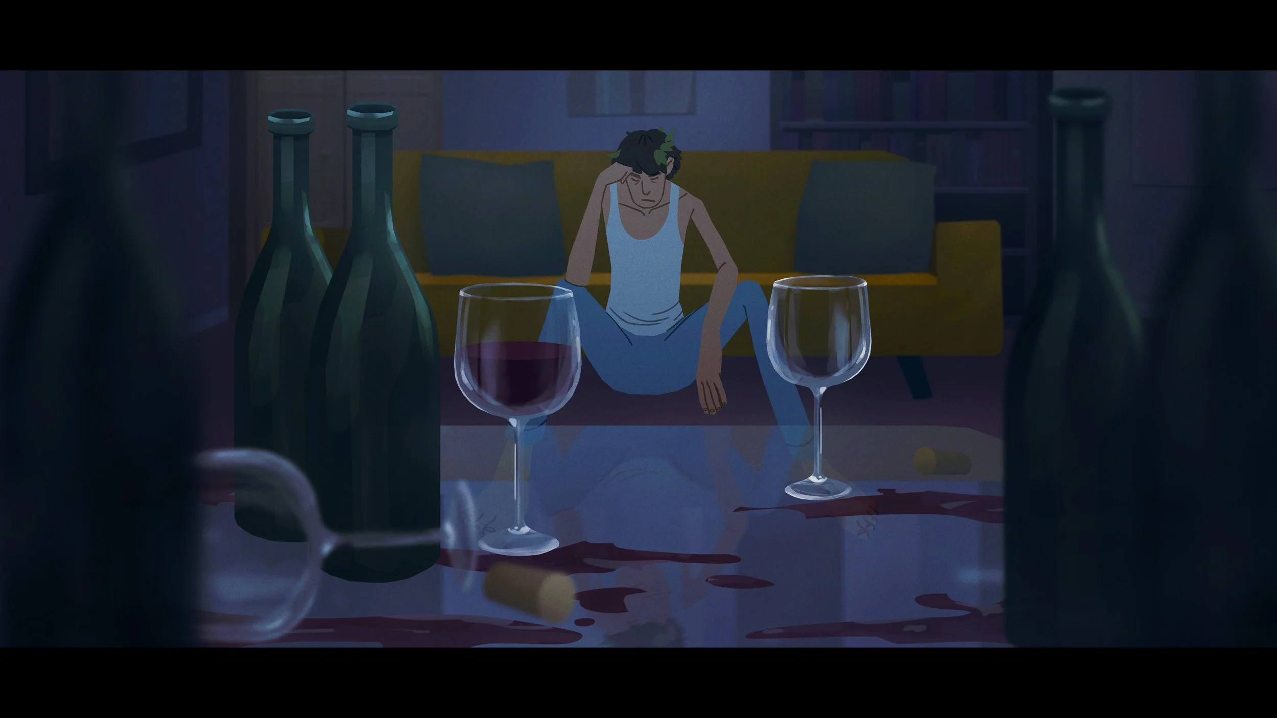 Animated scene with a person sitting on the floor, surrounded by wine bottles and glasses on a table, with a yellow couch in the background.