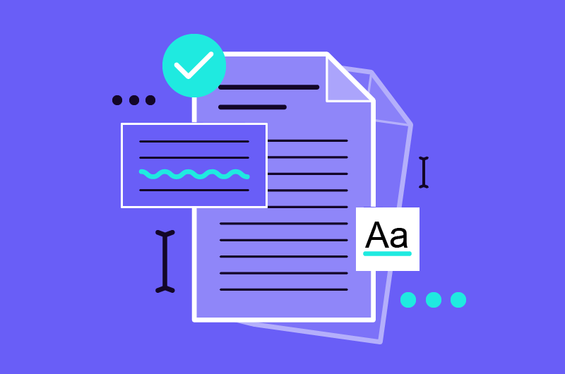 Digital illustration of documents, checkmark icon, and text symbols on a purple background.