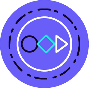Symbolic graphic with three shapes inside a dotted circle: a circle, a diamond, and a right-facing triangle, connected horizontally.