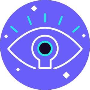 A stylized eye with a keyhole in the center, surrounded by lines and diamonds on a purple background.