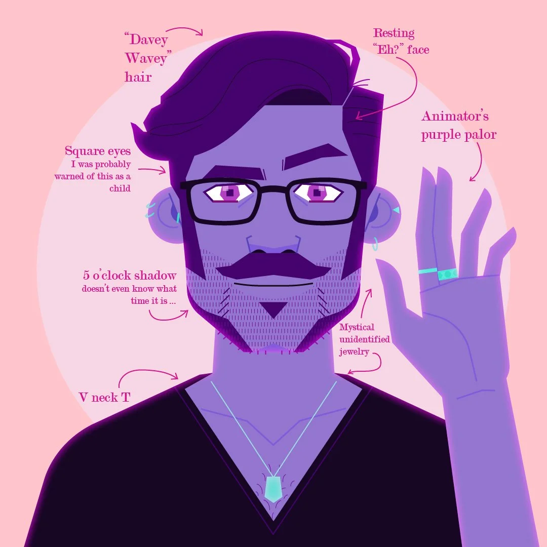 Illustration of a person with various humorous annotations pointing to features: 'Davey Wavey hair,' 'Square eyes,' '5 o'clock shadow,' 'Resting "Eh?" face,' 'Animator's purple palor,' 'V neck T,' and 'Mystical unidentified jewelry.' The person has p