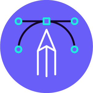 Digital illustration of a pen tool with anchor points and handles on a purple circular background, representing vector graphic editing.