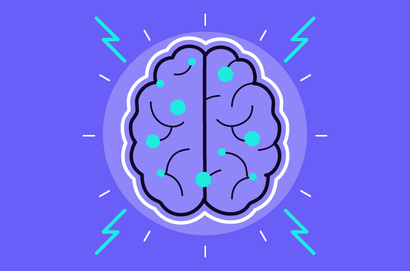 Illustration of a human brain with electric sparks and glowing dots indicating neural activity in purple and blue tones.