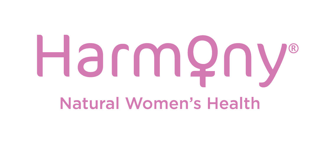 Logo for Harmony Natural Women's Health with purple text on a black background