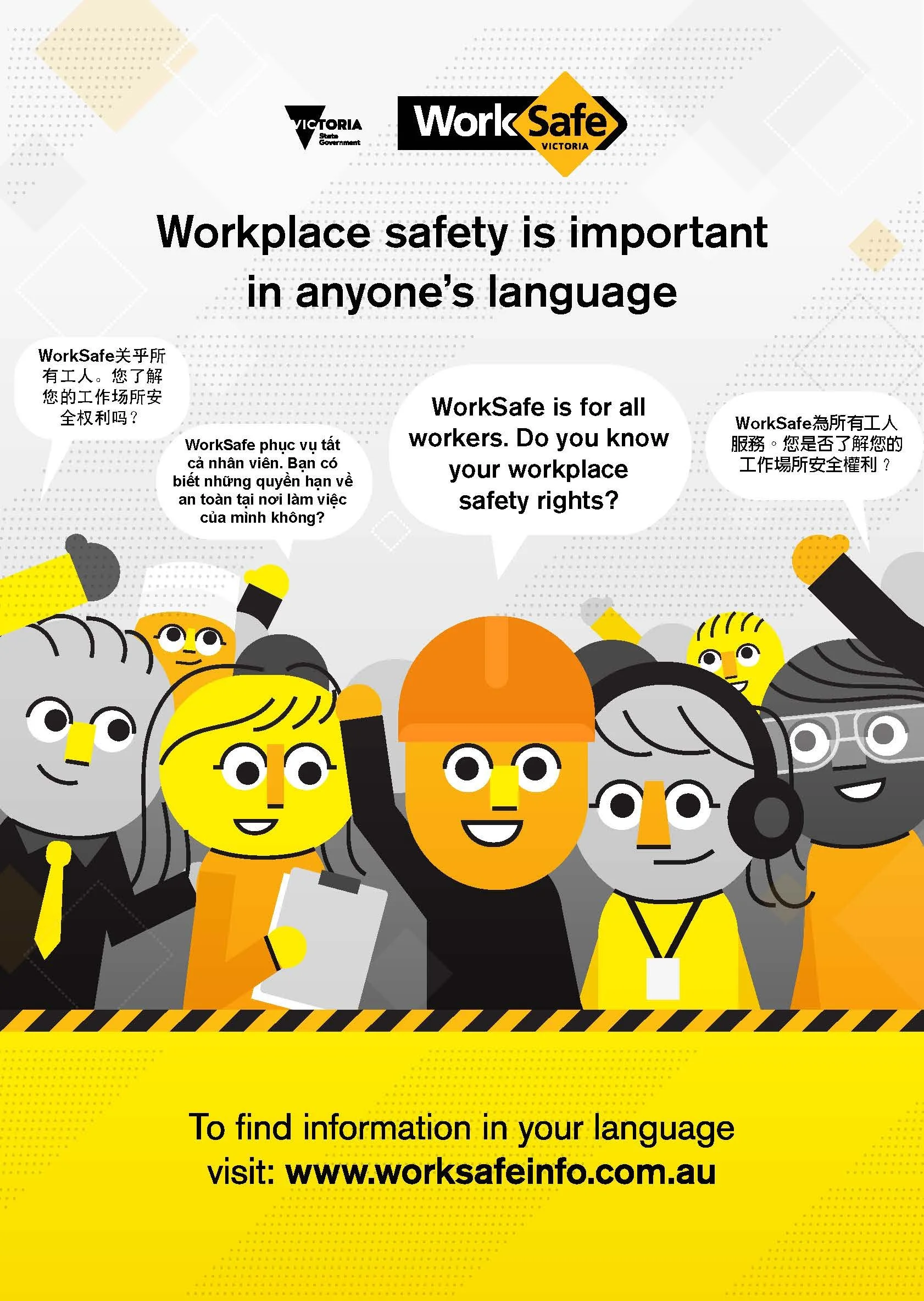 WorkSafe Victoria poster emphasizing workplace safety in multiple languages, featuring cartoon workers and the website www.worksafeinfo.com.au for more information.