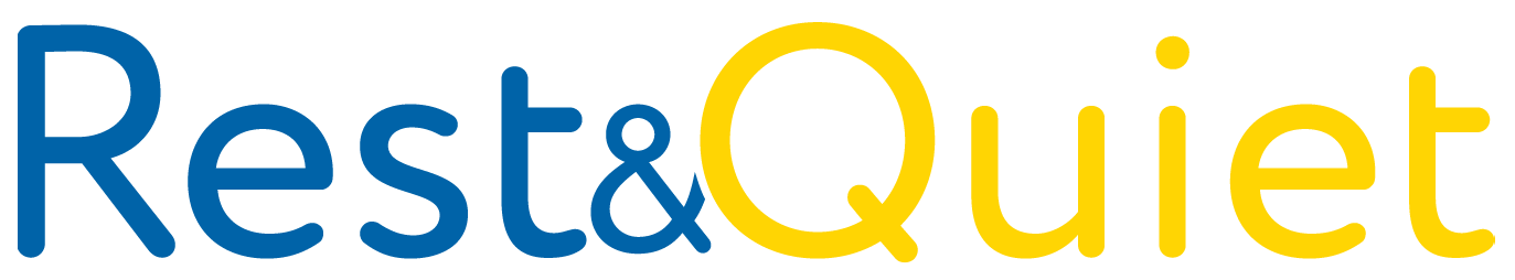 A logo with the words 'Rest & Quiet' in blue and yellow text.