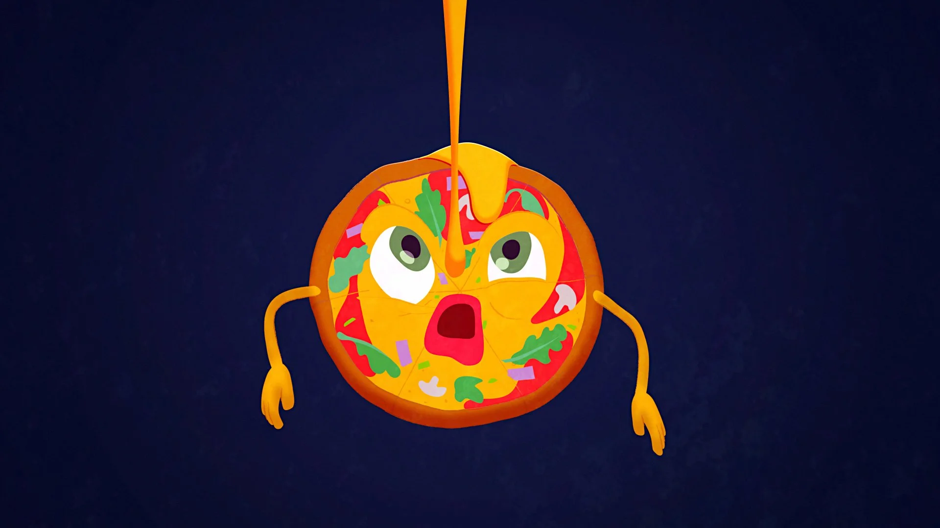 Cartoon pizza with facial expression being drizzled with sauce.