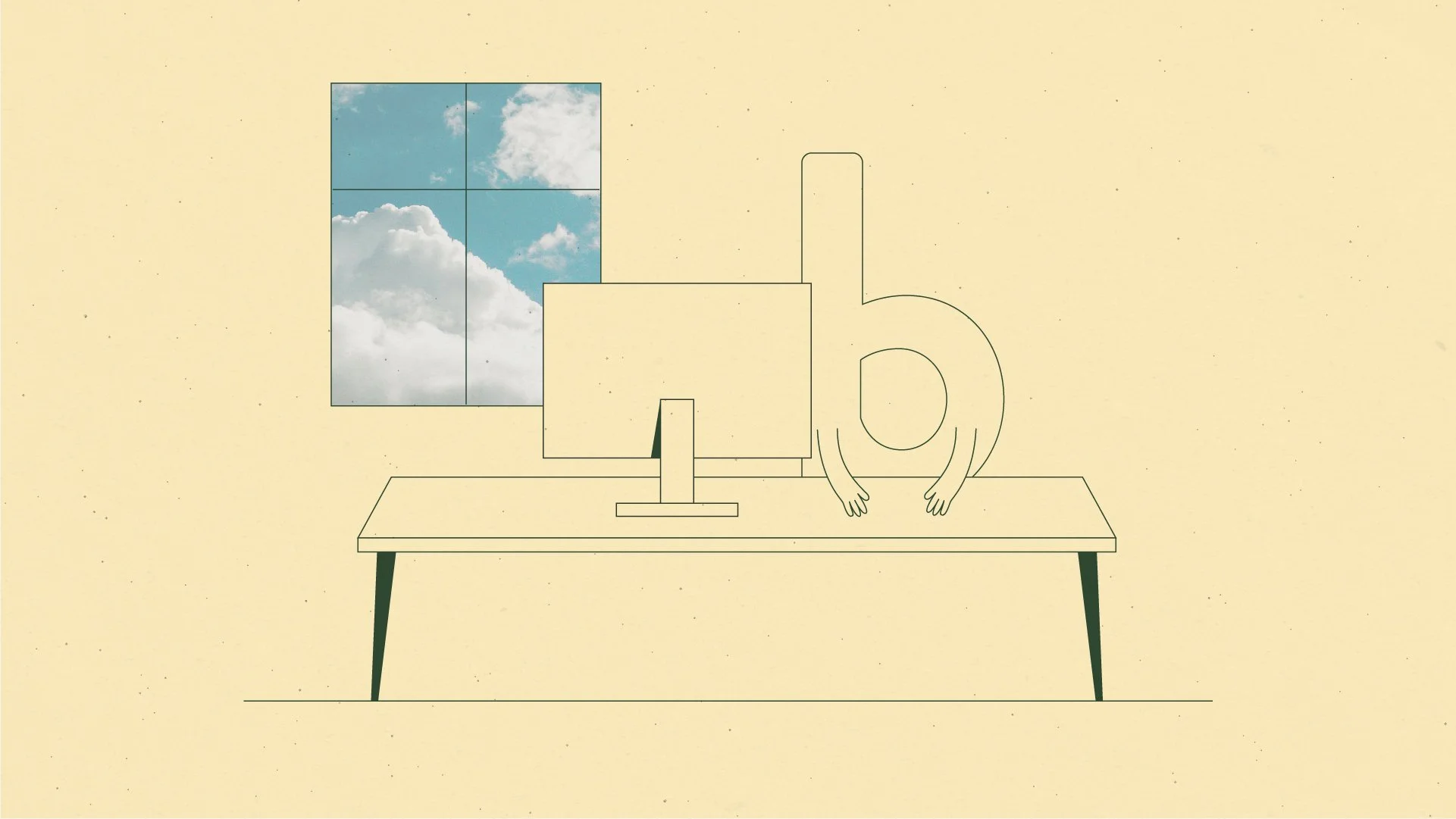 Illustration of an office desk with a computer monitor and a lowercase letter "b" with arms leaning on the table, a window showing a cloudy sky background.