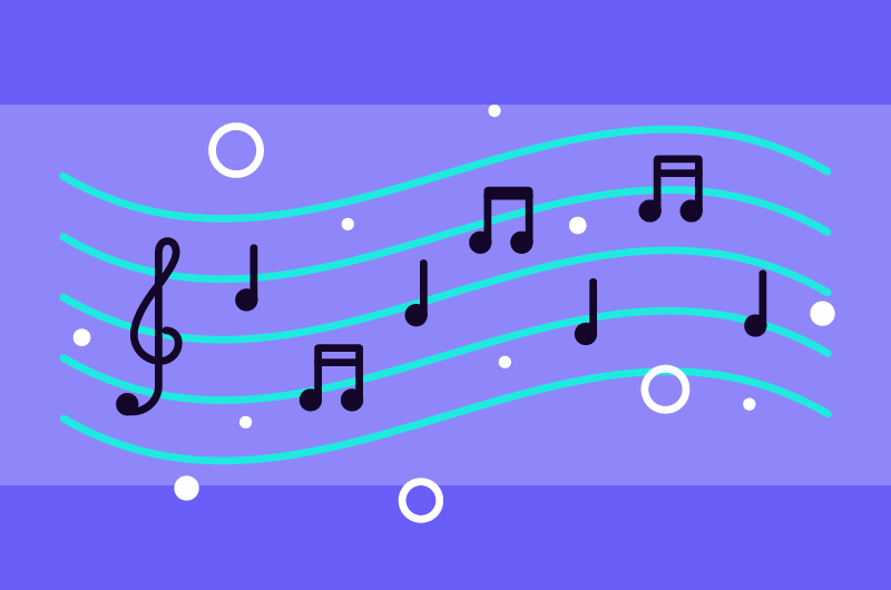 Illustration of a musical staff with black notes, a treble clef, and blue wavy lines on a purple background with white circles.