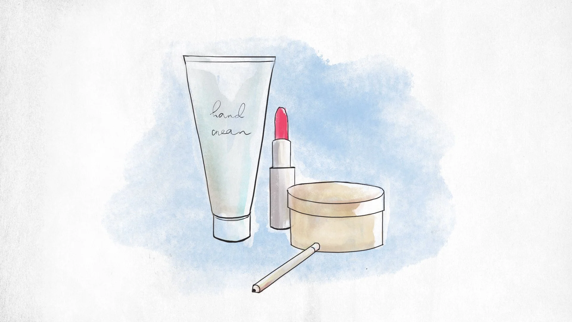 Illustration of hand cream tube, pink lipstick, round cream jar, and makeup brush on a blue background.