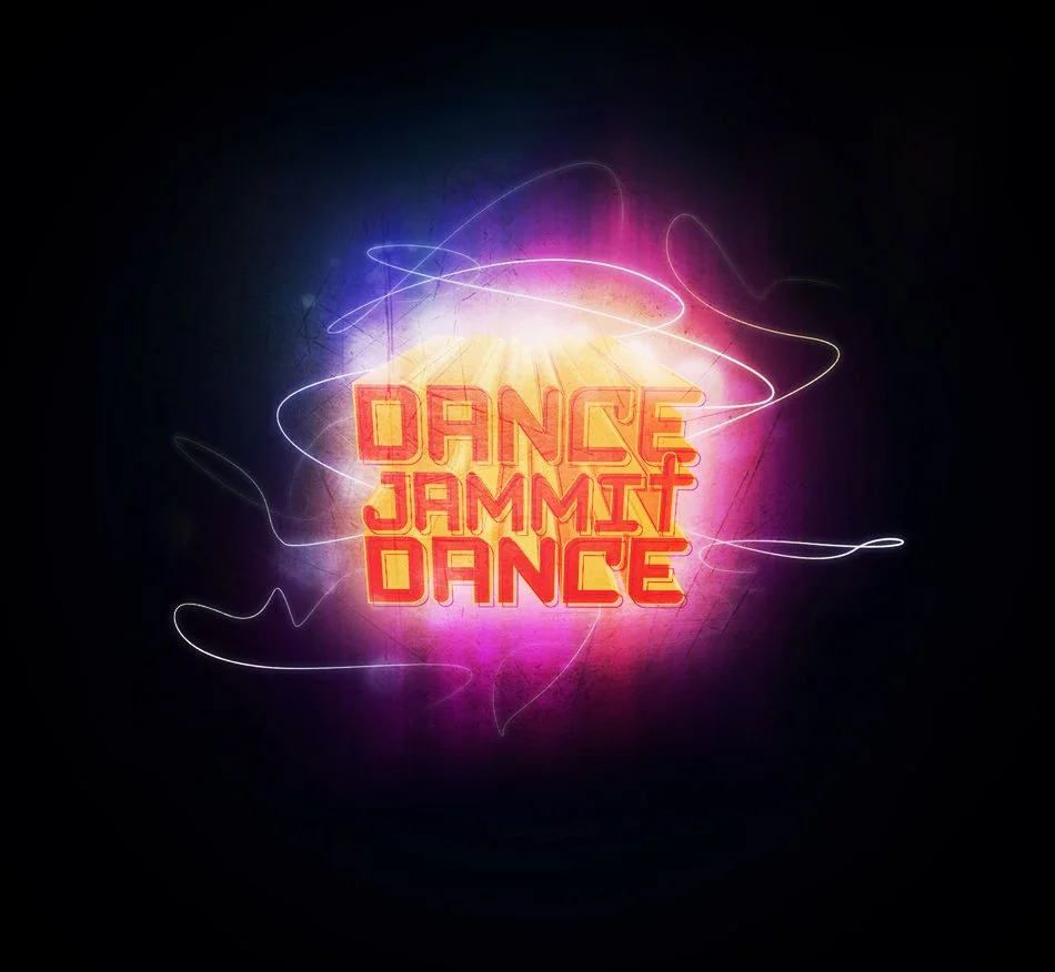 "Dance Jammit Dance" neon sign with colorful lighting effects on a dark background.