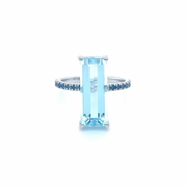 Aquamarine with a large rectangular light blue gemstone and a band with small blue diamond stones.